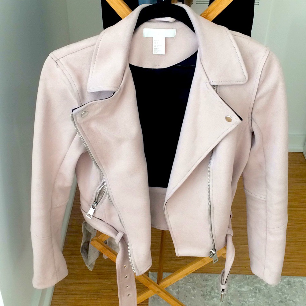 Pale pink vegan leather motorcycle jacket